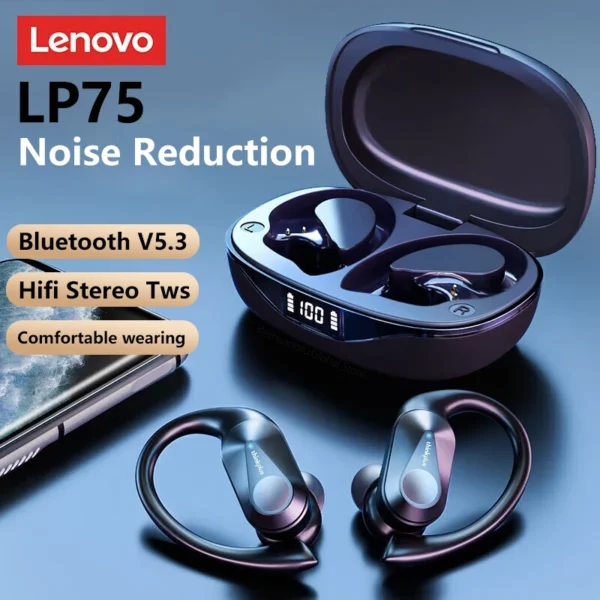 Lenovo LP75 TWS Earphones Bluetooth 5.3 Wireless Earbuds with HiFi Stereo, IPX5 Waterproof, Ear Hook Design